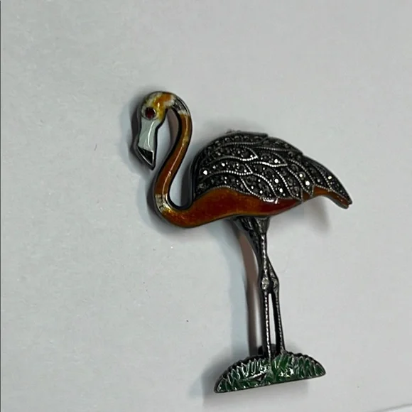Vintage Sterling Silver Art Deco P. Enameled with Marcasite Flamingo Brooch. - Picture 2 of 4